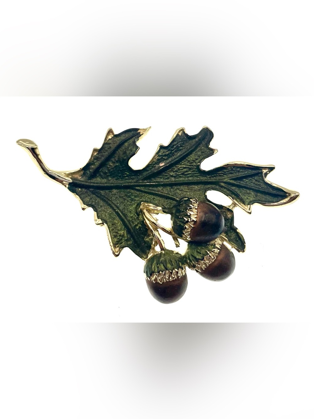 Vintage Oak Leaf Acorn Brooch 3” Gold Tone Matte Green Enamel Woodland